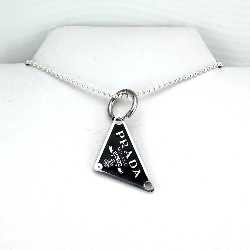 Authentic Black Prada Charm With Unbranded Sterling Silver Necklace 156$